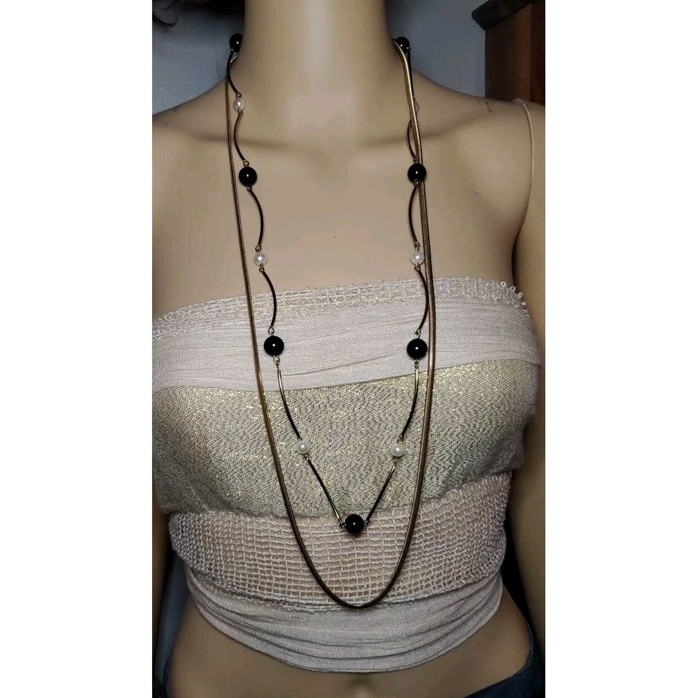 Double Stranded Snake Chain Necklace With Black Beads And Faux Pearl Accents 34"